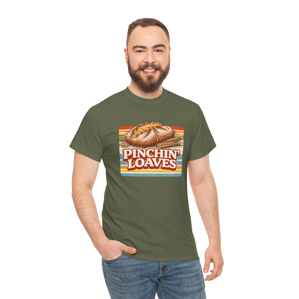 Pinchin’ Loaves Tee — Retro Bread Graphic Shirt (Front Loaf, Back “Stay Leavened”)