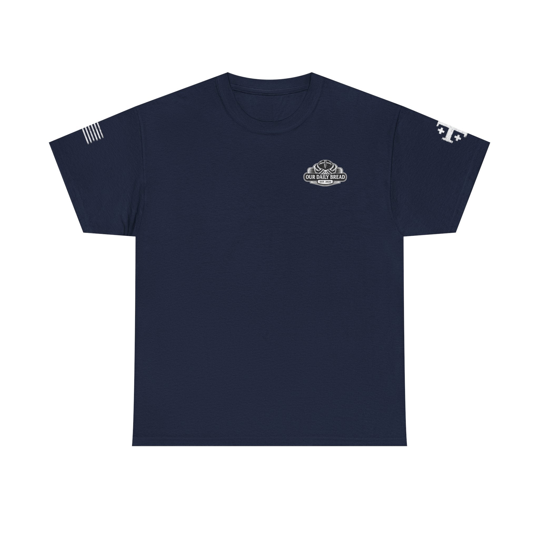 T-Shirt — "Our Daily Bread" (Dark Theme) Small Chest Logo, Sleeve Flag Design