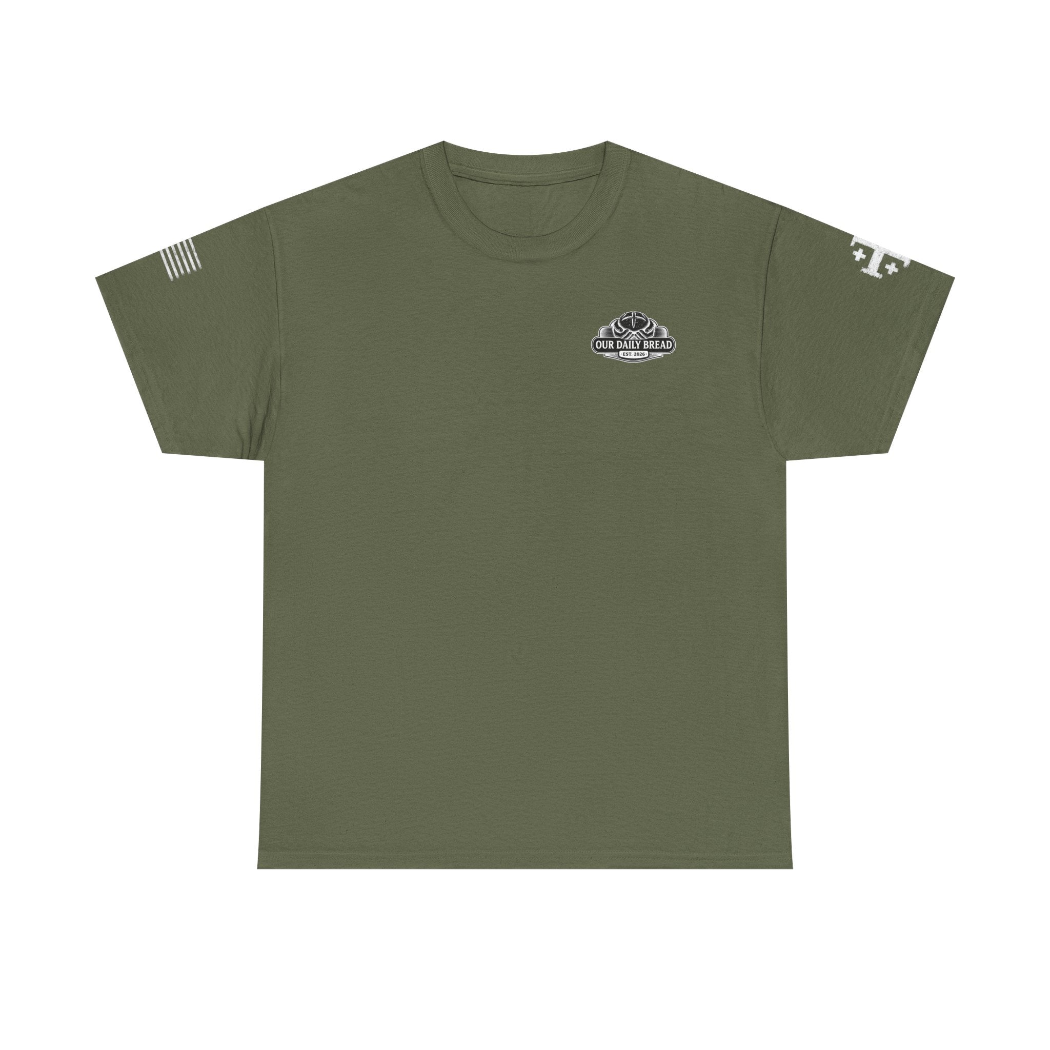 T-Shirt — "Our Daily Bread" (Dark Theme) Small Chest Logo, Sleeve Flag Design