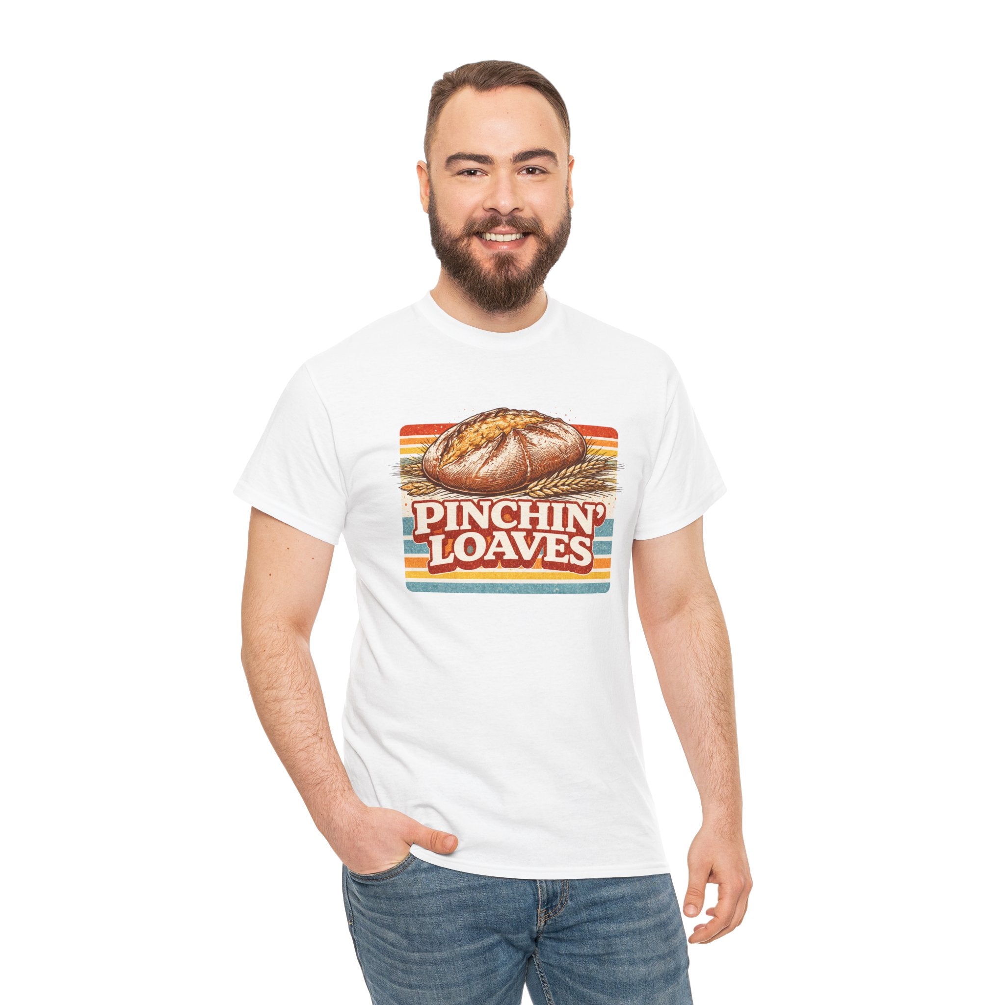 Pinchin’ Loaves Tee — Retro Bread Graphic Shirt (Front Loaf, Back “Stay Leavened”)