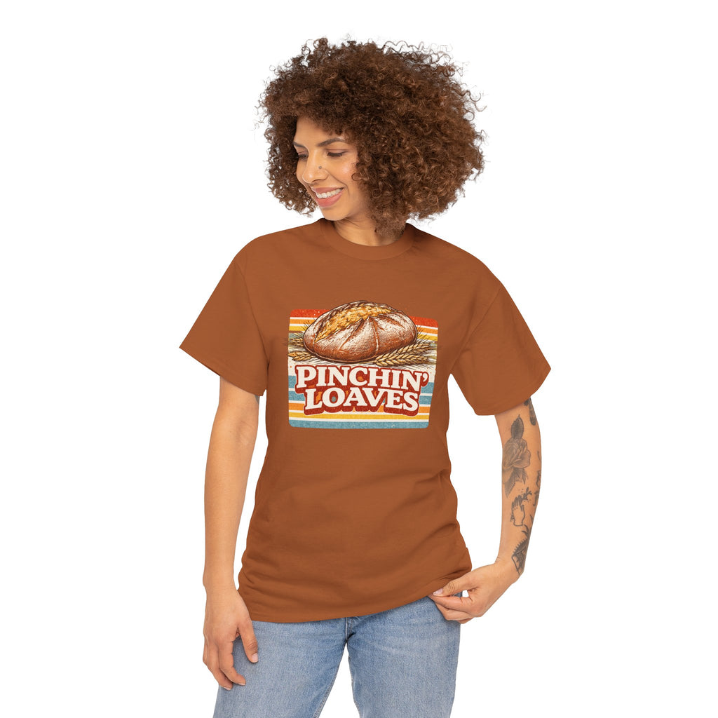 Pinchin’ Loaves Tee — Retro Bread Graphic Shirt (Front Loaf, Back “Stay Leavened”)