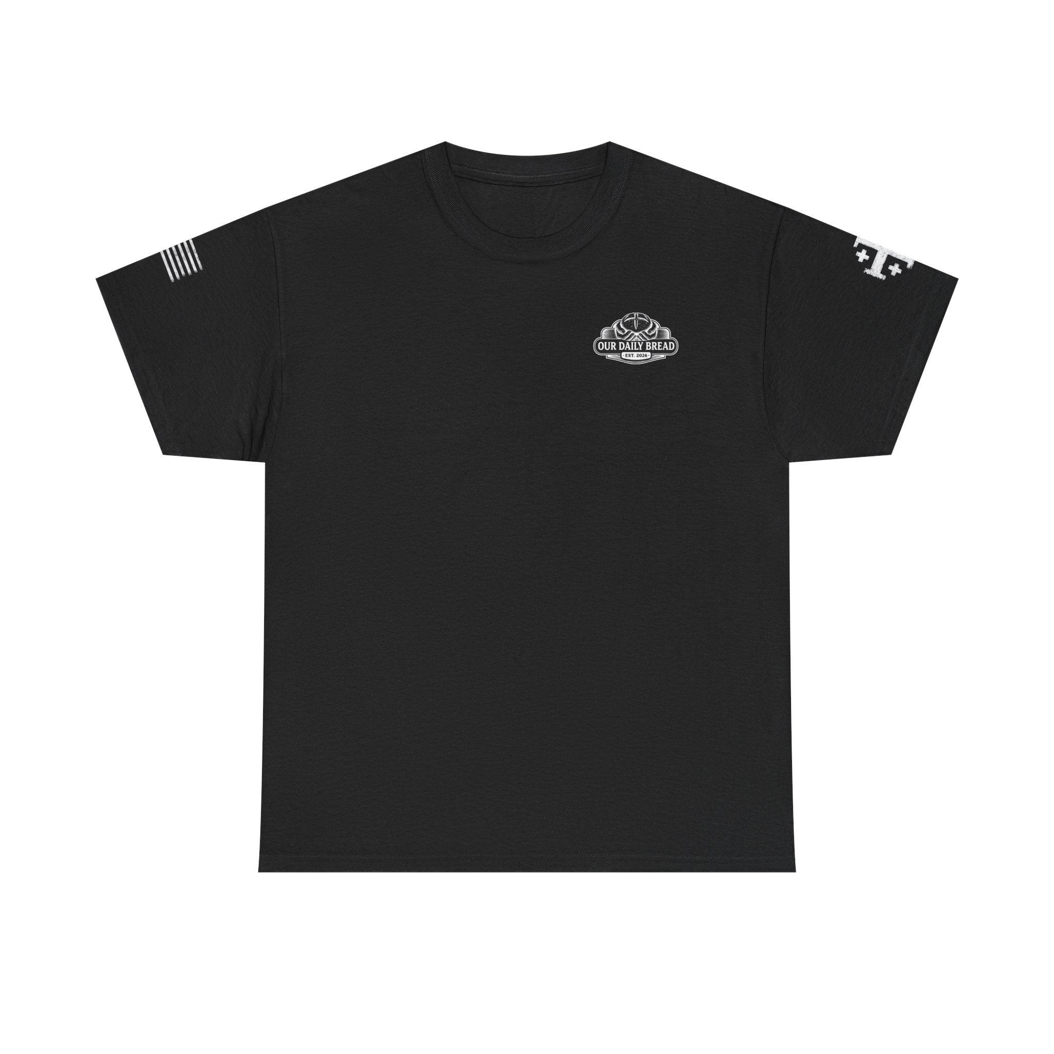 T-Shirt — "Our Daily Bread" (Dark Theme) Small Chest Logo, Sleeve Flag Design