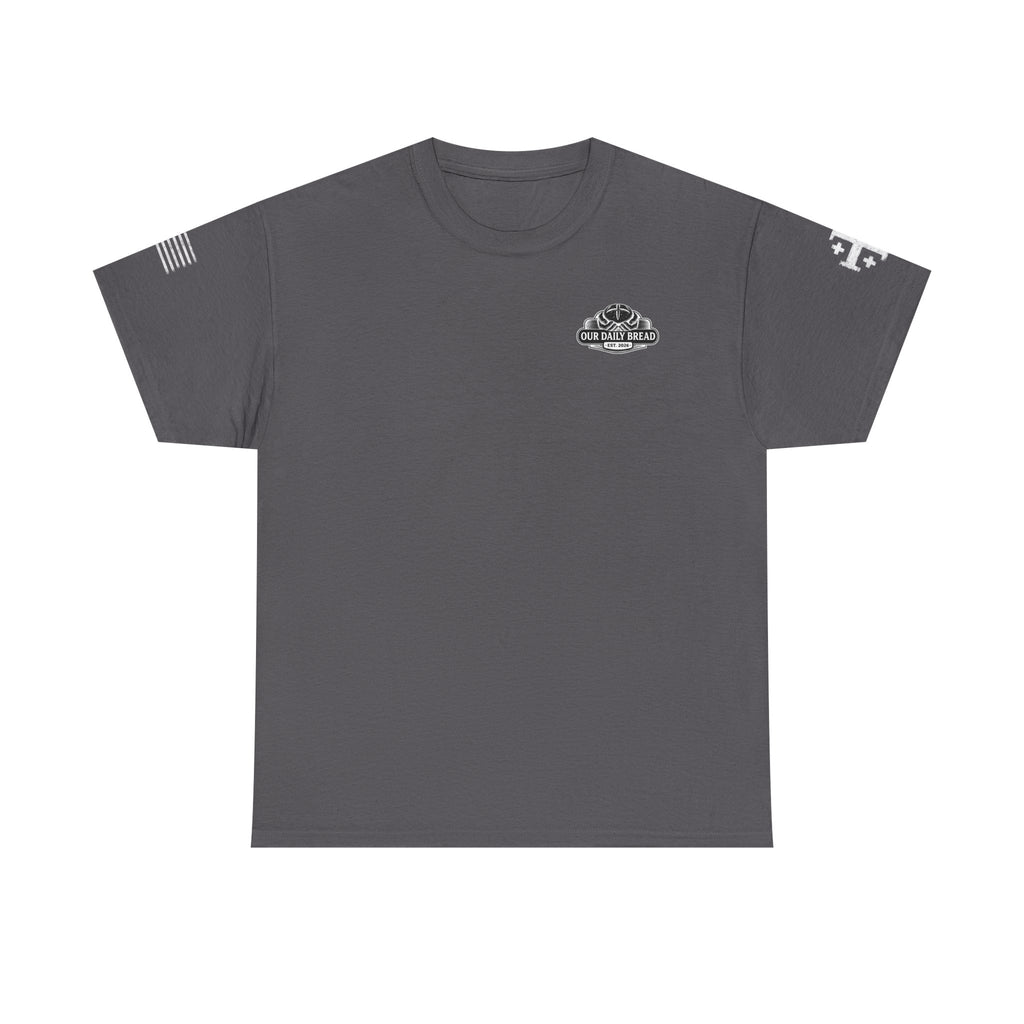 T-Shirt — "Our Daily Bread" (Dark Theme) Small Chest Logo, Sleeve Flag Design