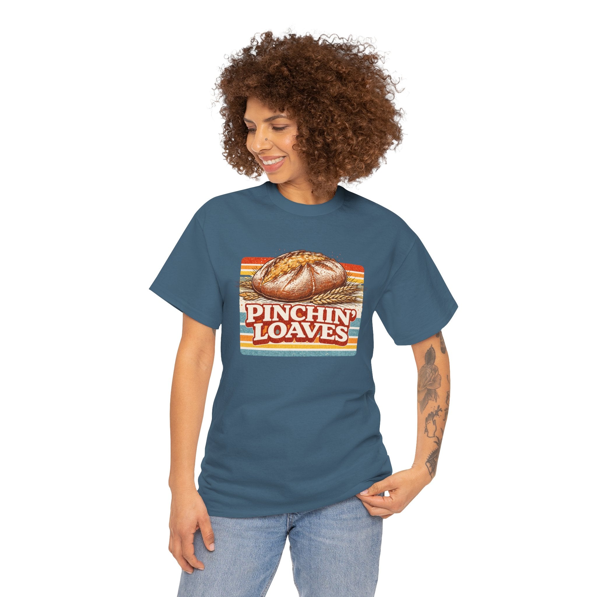 Pinchin’ Loaves Tee — Retro Bread Graphic Shirt (Front Loaf, Back “Stay Leavened”)