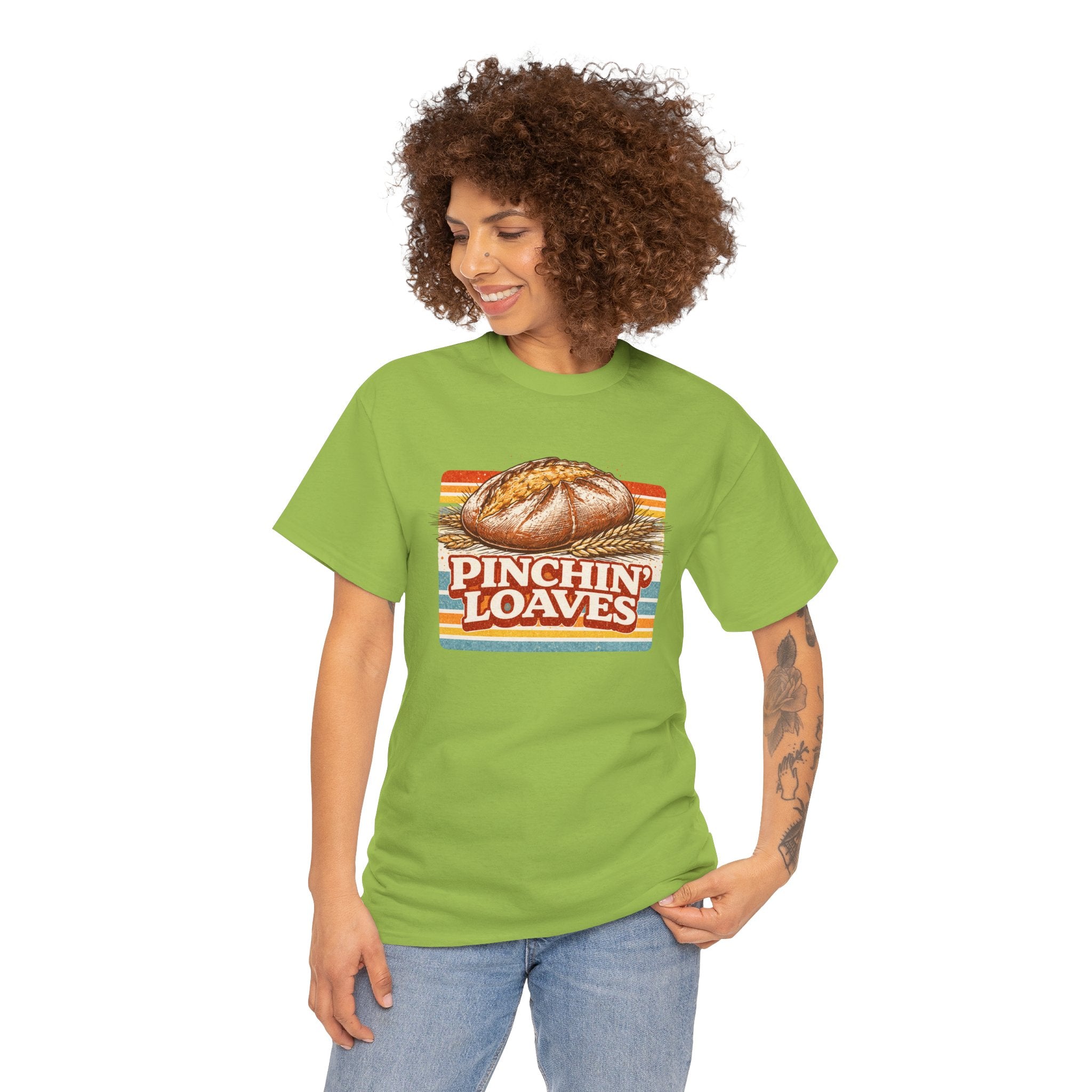 Pinchin’ Loaves Tee — Retro Bread Graphic Shirt (Front Loaf, Back “Stay Leavened”)
