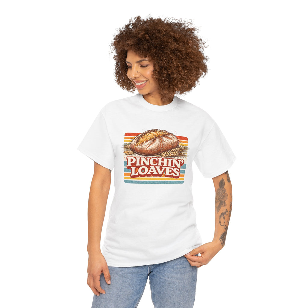 Pinchin’ Loaves Tee — Retro Bread Graphic Shirt (Front Loaf, Back “Stay Leavened”)