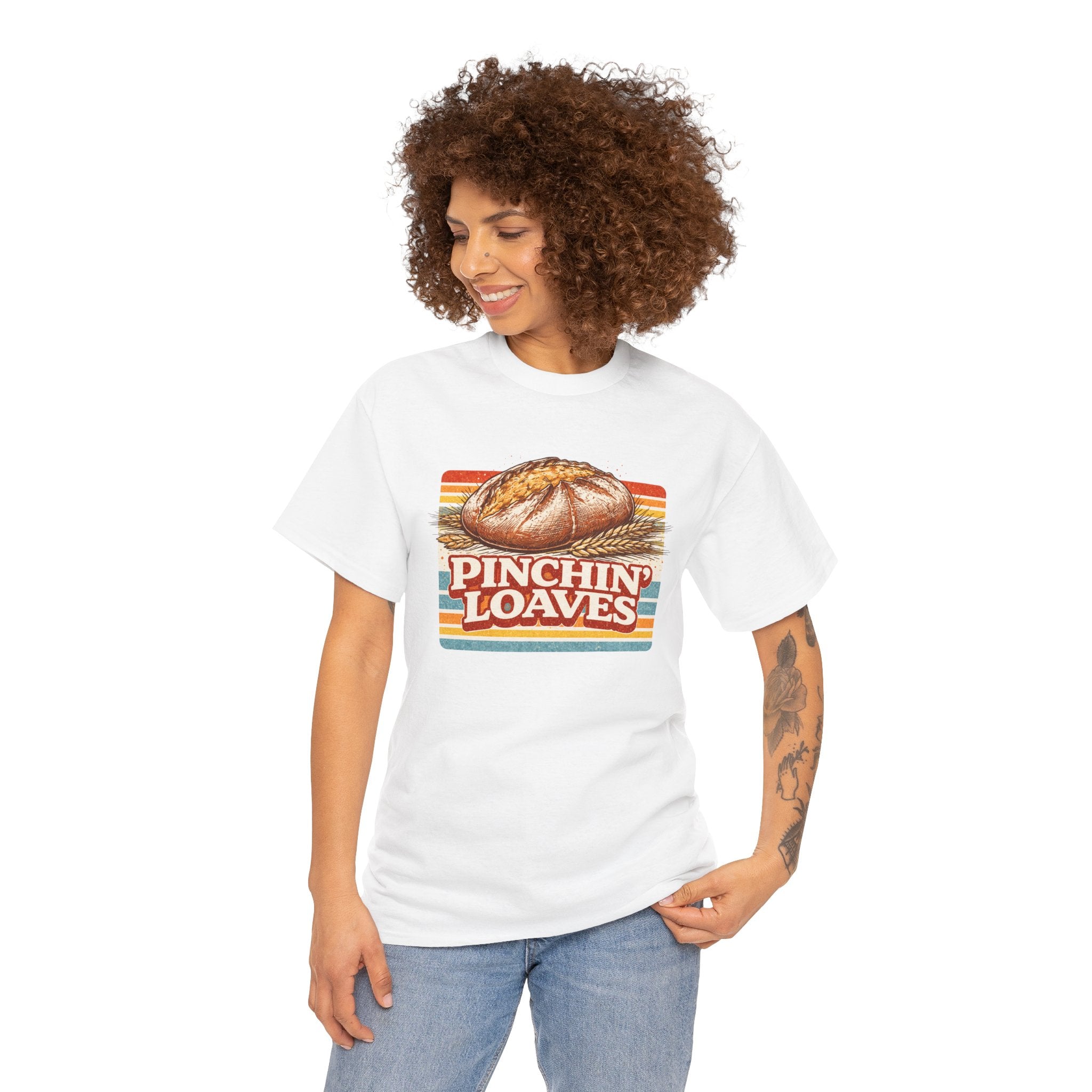 Pinchin’ Loaves Tee — Retro Bread Graphic Shirt (Front Loaf, Back “Stay Leavened”)