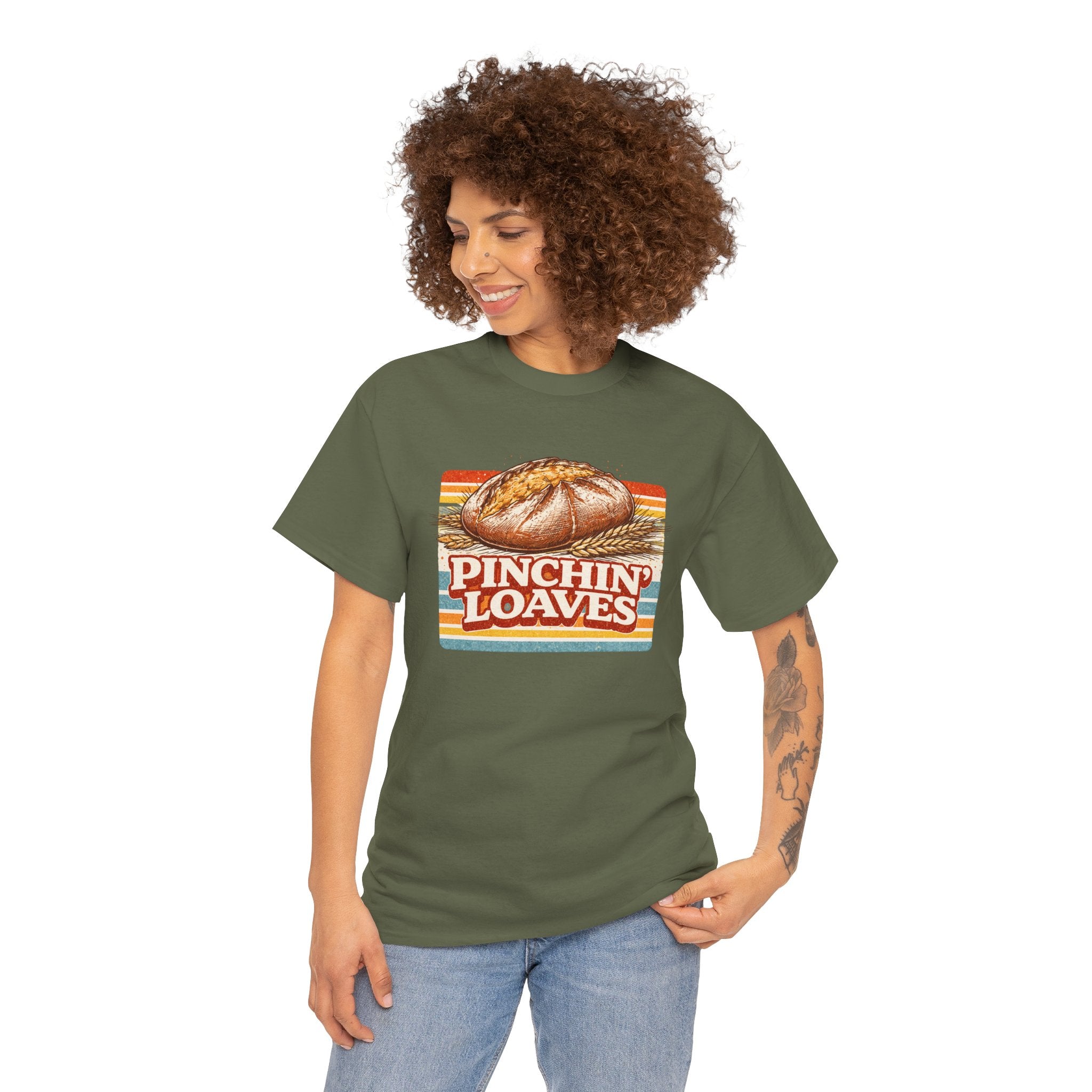 Pinchin’ Loaves Tee — Retro Bread Graphic Shirt (Front Loaf, Back “Stay Leavened”)