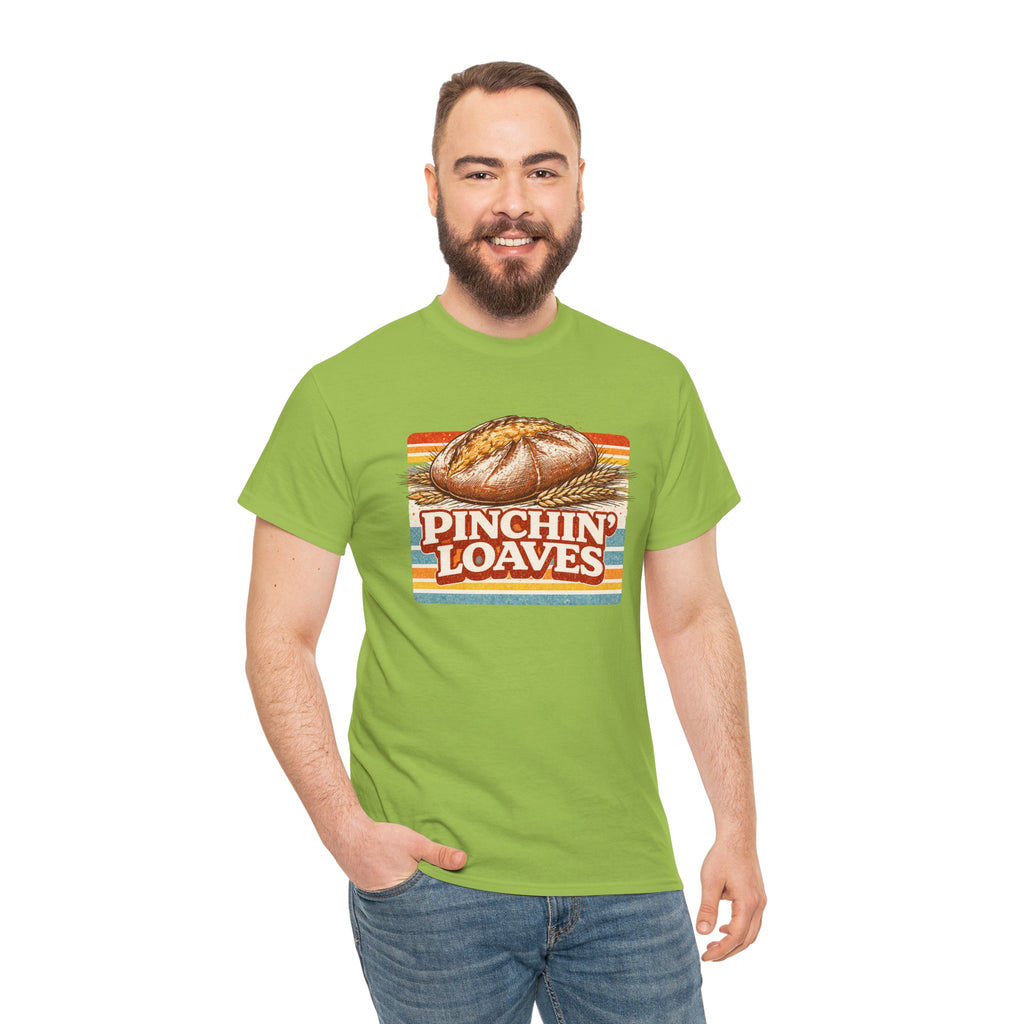 Pinchin’ Loaves Tee — Retro Bread Graphic Shirt (Front Loaf, Back “Stay Leavened”)